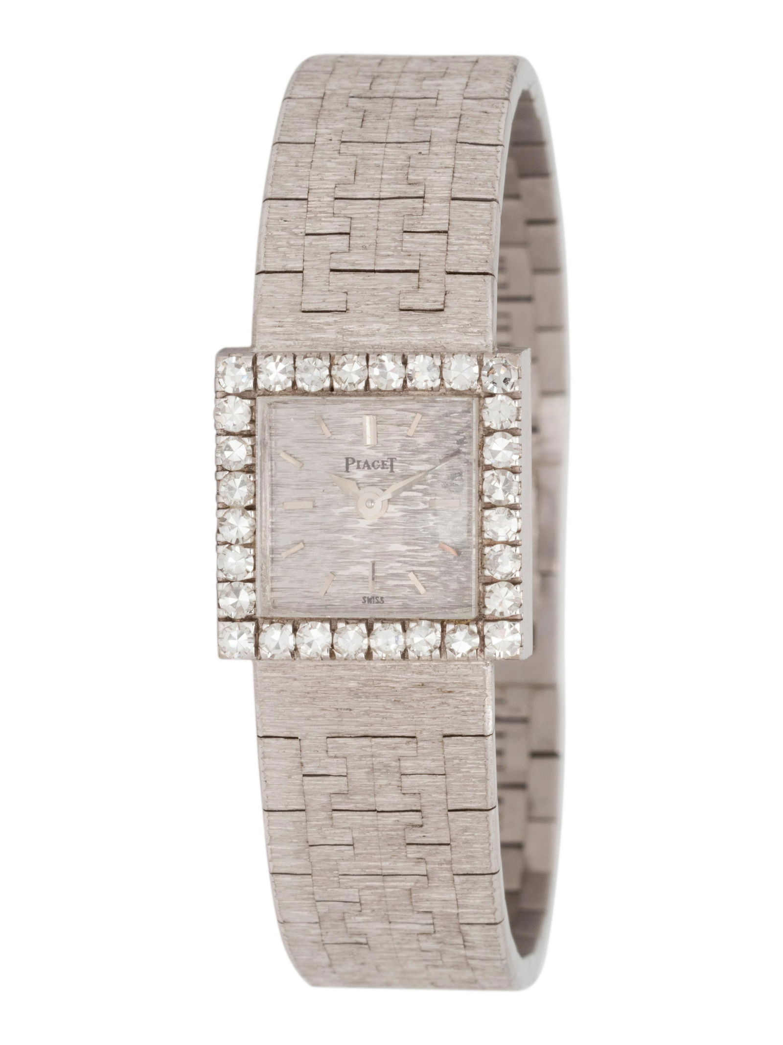 PIAGET, REF. 3811 18K WHITE GOLD AND DIAMOND WRISTWATCH: PIAGET, REF. 3811 18K WHITE GOLD AND DIAMOND WRISTWATCH 15.00 x 15.00 mm case dimensions, the bezel containing 28 single cut diamonds, textured dial, applied baton numerals, manual wind movement, inte