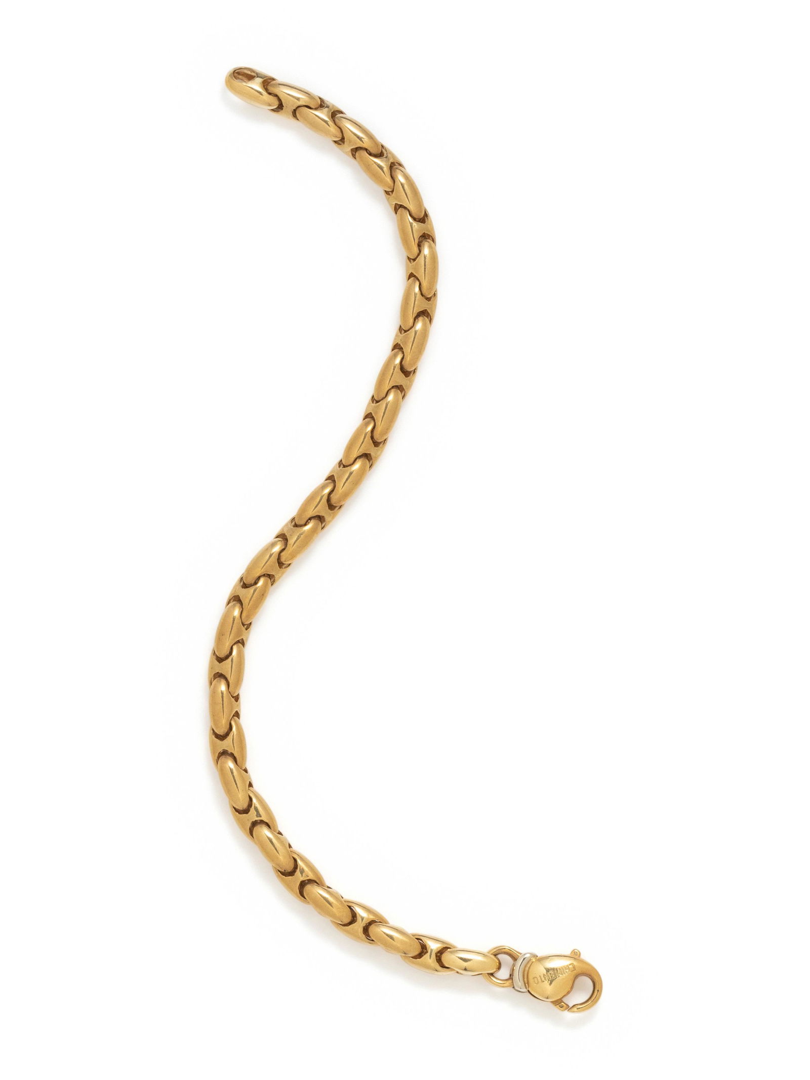 CHIMENTO, YELLOW GOLD BRACELET: CHIMENTO, YELLOW GOLD BRACELET Consisting of a fancy link design measuring approximately 5.00 mm wide. 7 1/2 inches long. Stamp: CHIMENTO MOD DEP (Italian hallmark) 750. Gross weight: 12.45 dwt. Prope