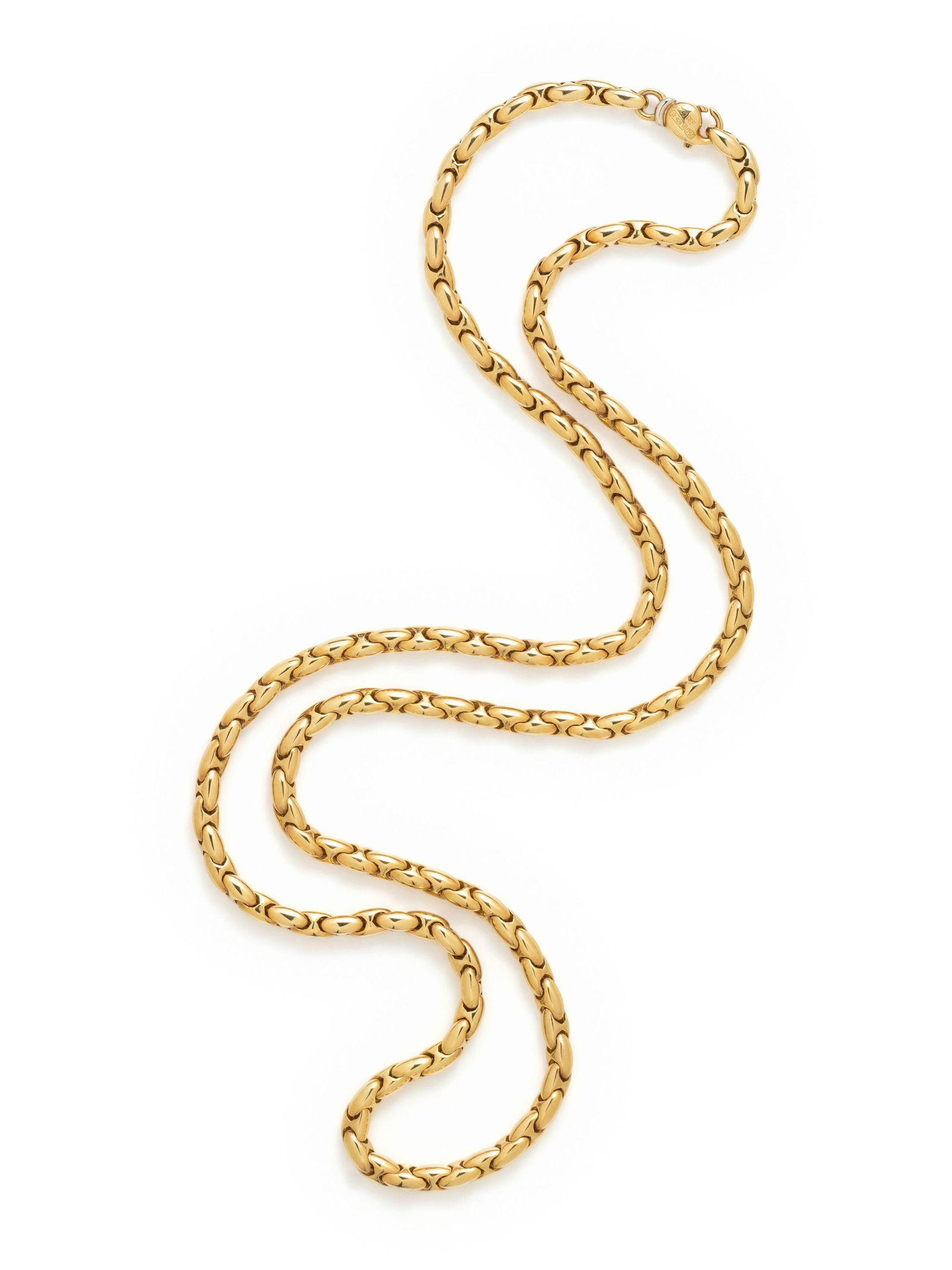 CHIMENTO, YELLOW GOLD NECKLACE: CHIMENTO, YELLOW GOLD NECKLACE Consisting of a fancy link design measuring approximately 5.00 mm wide. 30 3/4 inches long. Stamp: CHIMENTO MOD DEP (Italian hallmark) 750. Gross weight: 48.30 dwt. Prop