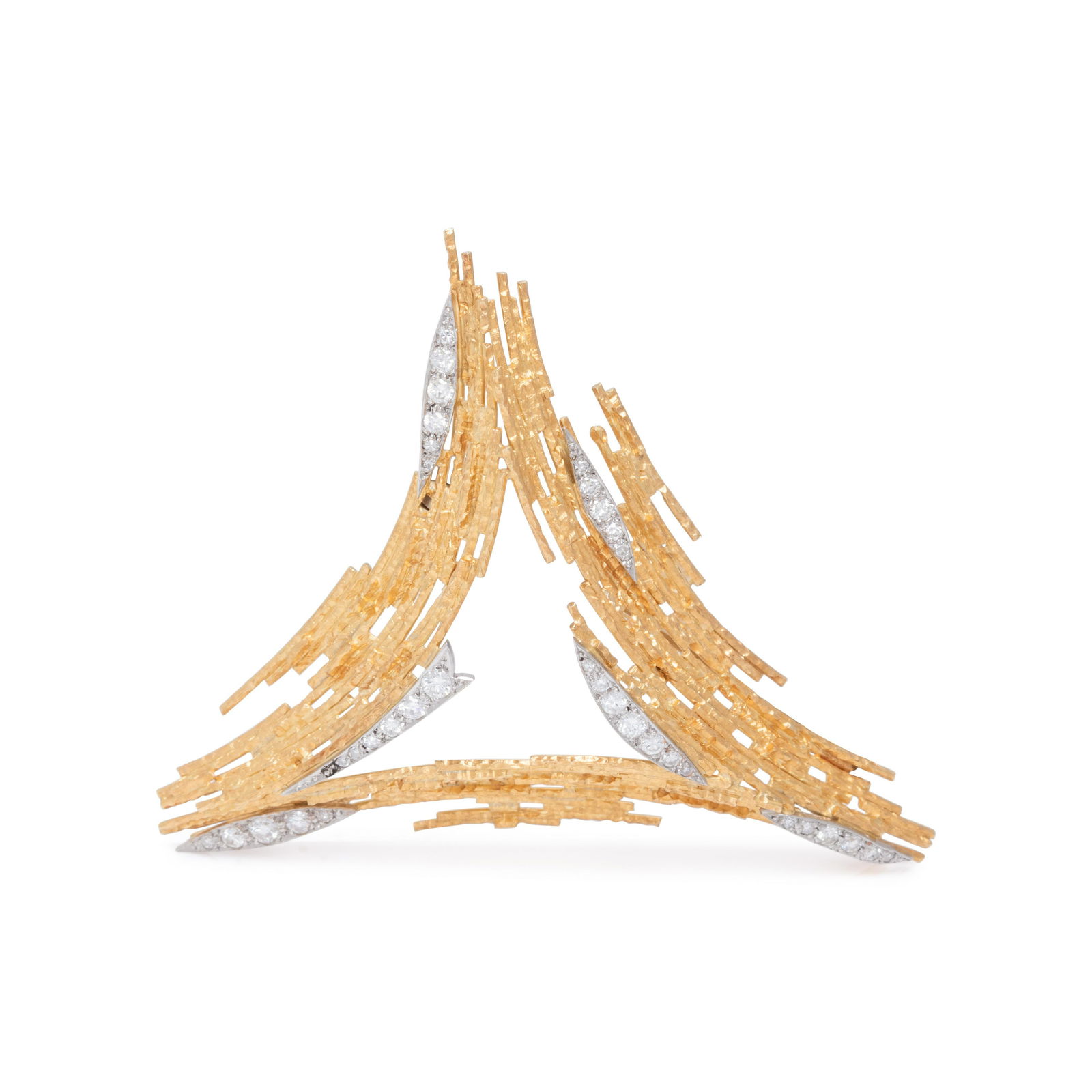 ANDREW GRIMA, YELLOW GOLD AND DIAMOND BROOCH: ANDREW GRIMA, YELLOW GOLD AND DIAMOND BROOCH Consisting of a textured open triangular design containing 35 round brilliant and single cut diamonds weighing approximately 0.95 carat total. 2 x 2 1/2 in