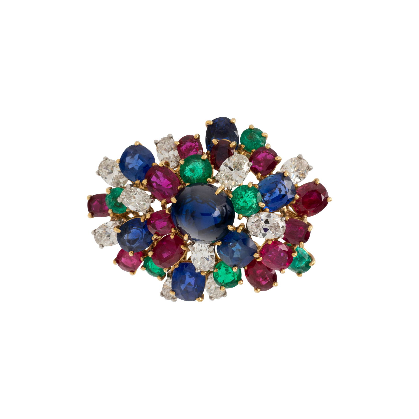 JULIUS COHEN, MULTIGEM AND DIAMOND BROOCH: JULIUS COHEN, MULTIGEM AND DIAMOND BROOCH Containing one oval cabochon sapphire measuring approximately 10.50 x 9.10 x 6.35 mm, 12 oval mixed cut rubies, six cushion mixed cut sapphires, seven round m