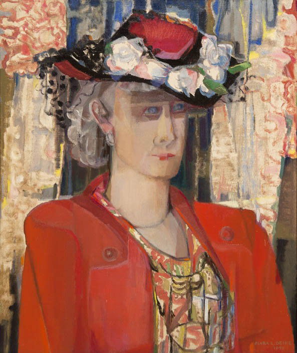 Clara L. Deike, (American, 1887-1964), Woman in a R: Clara L. Deike (American, 1887-1964) Woman in a Red Suit and Flowered Hat, 1951 oil on canvas signed Clara L. Deike and dated (lower right) 24 x 20 inches. Provenance: Vixsebox