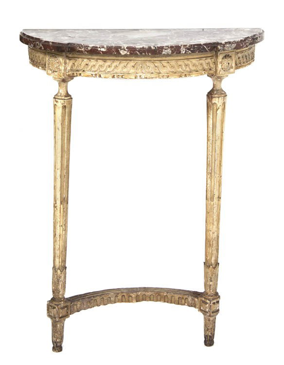 A Louis XVI Console Table, Height 32 1/2 x width 2: A Louis XVI Console Table, the demilune rouge marble top, over the conforming carved frame with rosettes at the corners, raised on fluted tapering legs joined by a stretcher. Height 32 1/2 x width 25 