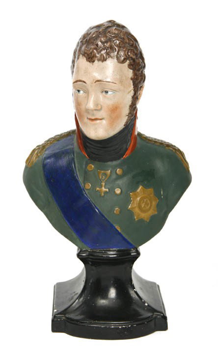 A Wood and Caldwell Pottery Bust, Height 11 1/4 in: A Wood and Caldwell Pottery Bust, depicting Alexander, inscribed Moscow Burnt, Europe Preserved, 1812. Height 11 1/4 inches.