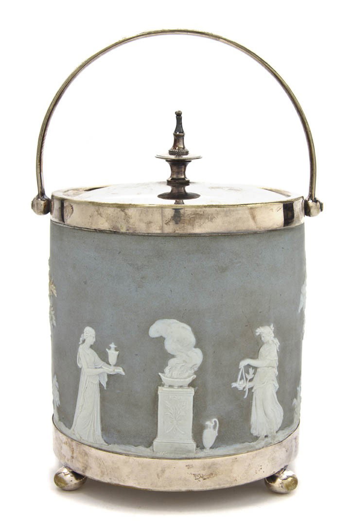 A Wedgwood Jasperware Silverplate Mounted Biscuit: A Wedgwood Jasperware Silverplate Mounted Biscuit Barrel, of cylindrical form, with swing handles, the body decorated with classical figures, raised on four flattened ball feet, impressed Wedgwood. He