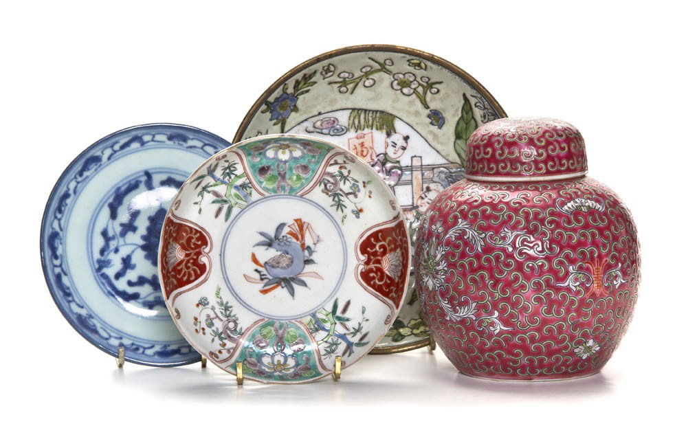 A Collection of Chinese Porcelain Articles, Height: A Collection of Chinese Porcelain Articles, comprising a ginger jar and three dishes. Height of first 5 3/4 inches.