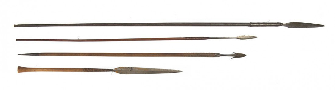 A Collection of Three Steel and Wood Spears, Lengt: A Collection of Three Steel and Wood Spears, together with a harpoon. Length of longest 77 1/2 inches.