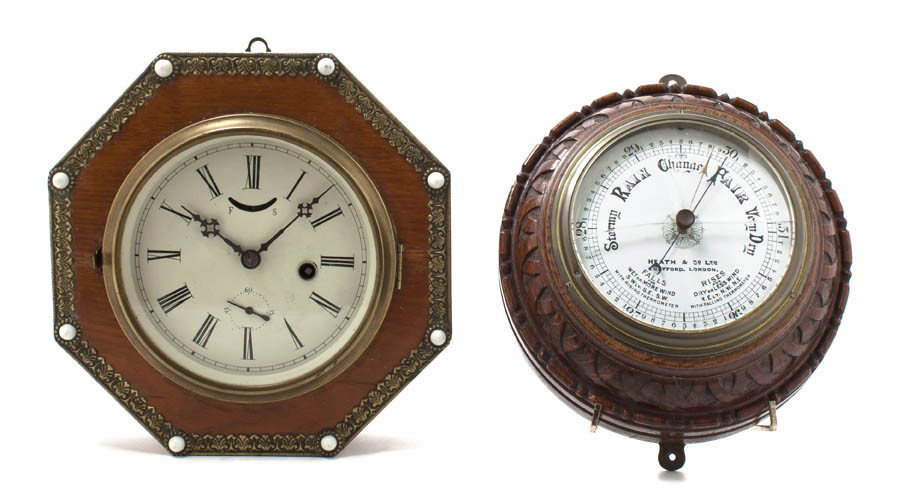 A Continental Wall Clock, Width of first 9 inches: A Continental Wall Clock, of octagonal form, with Roman Numerals, together with a barometer. Width of first 9 inches.