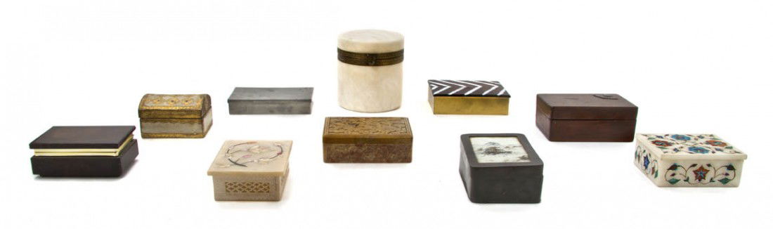 A Collection of Decorative Boxes, Width of widest: A Collection of Decorative Boxes, comprising inlaid stone, enamel, porcelain and wood examples; 10 items total. Width of widest 5 1/4 inches.