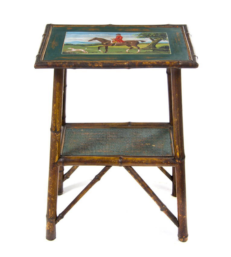 A Victorian Style Bamboo Occasional Table, Height: A Victorian Style Bamboo Occasional Table, with a rectangular top painted with a hunt scene together with a tile inset low table. Height of first 28 1/2 inches.