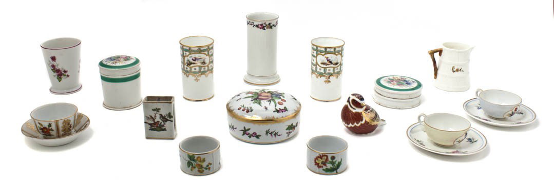 A Collection of Continental and English Porcelain: A Collection of Continental and English Porcelain Articles, comprising beaker vases, napkin rings, boxes and others; 16 items total. Height of tallest 5 inches.