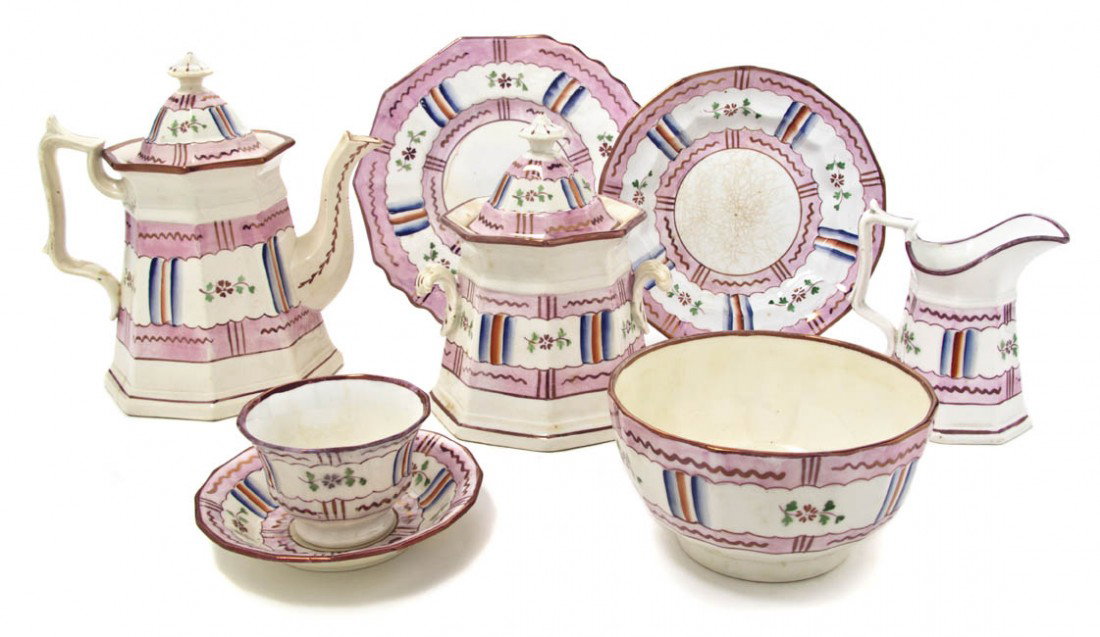 An English Partial Tea Service, James Edwards, Ir: An English Partial Tea Service, James Edwards, Ironstone China, comprising a teapot, covered sugar, creamer, waste bowl, six plates, six cups, six saucers and two trays. Height of first 8 3/4 inches.