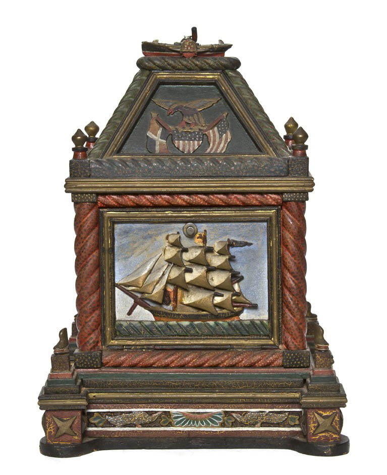 A Polychrome Decorated Folk Art Table Casket, Hei: A Polychrome Decorated Folk Art Table Casket, having a peaked top over panels decorated with ships and trains. Height 13 1/2 inches.