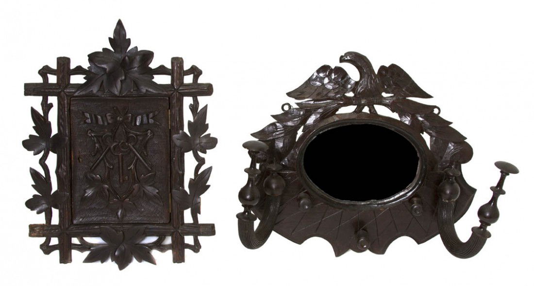 A Carved Wood Coat Rack, Height 14 1/2 inches.: A Carved Wood Coat Rack, having eagle form finial over the oval plate, together with a similarly carved key rack. Height 14 1/2 inches.