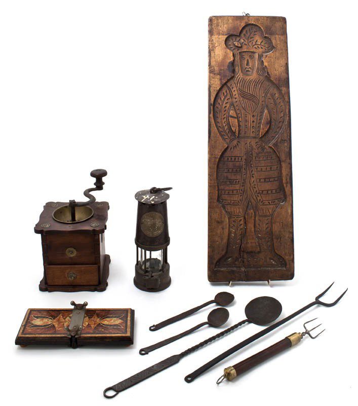 A Collection Thirteen Utilitarian Articles, Heigh: A Collection Thirteen Utilitarian Articles, comprising a coffee grinder, a wooden mold, a lantern, a botanical press, five wrought iron implements and others. Height of tallest 25 inches.