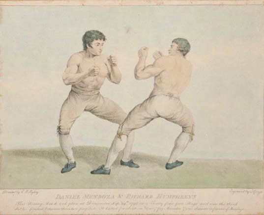 J. Grozer (after Charles Reuben Ryley), (British,: J. Grozer (after Charles Reuben Ryley) (British, 1752-1798) Daniel Mendoza and Richard Humphreys color engraving 8 3/4 x 12 1/4 inches.