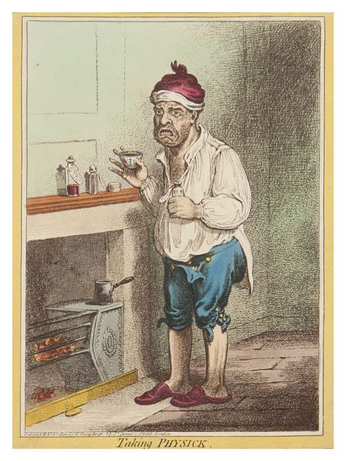 James Gillray, (British, 1757-1815), Taking Physi: James Gillray (British, 1757-1815) Taking Physick colored engraving, H. Humphrey, pub. 10 x 7 1/2 inches. Provenance: Vixseboxse Art Galleries, Cleveland Heights, Ohio