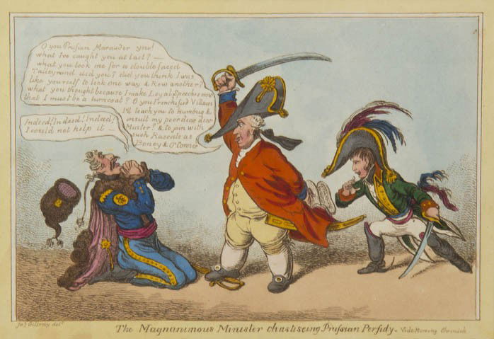 James Gillray, (British, 1757-1815), The Magnanim: James Gillray (British, 1757-1815) The Magnanimous Minister Chastising Prussian Perfidy, ca. 1801 color engraving 6 x 8 1/2 inches. Provenance: C. Dunnelly and Howard Price Fine Art, Atlanta, Ge