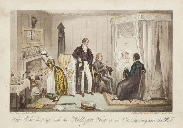Isaac Robert Cruickshank, (British, 1789-1856), T: Isaac Robert Cruickshank (British, 1789-1856) Tom Echo Laid Up color engraving 5 x 7 1/4 inches.