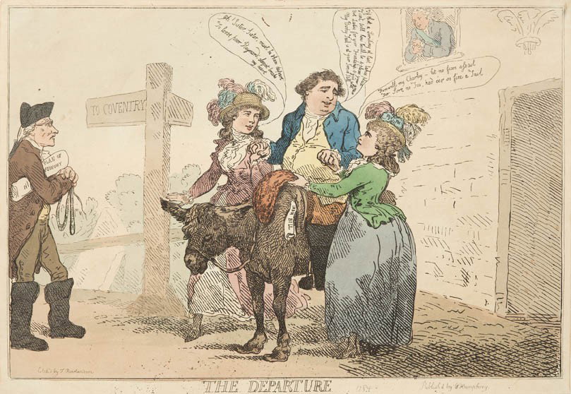 Thomas Rowlandson, (British, 1756-1827), The Depa: Thomas Rowlandson (British, 1756-1827) The Departure colored etching 9 x 13 1/4 inches.