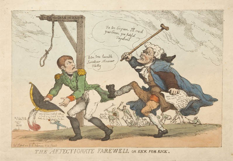 Rudolph Ackermann, (British, 1764-1834), The Affe: Rudolph Ackermann (British, 1764-1834) The Affectionate Farewell (Kick for Kick) color lithograph 9 3/4 x 13 inches.