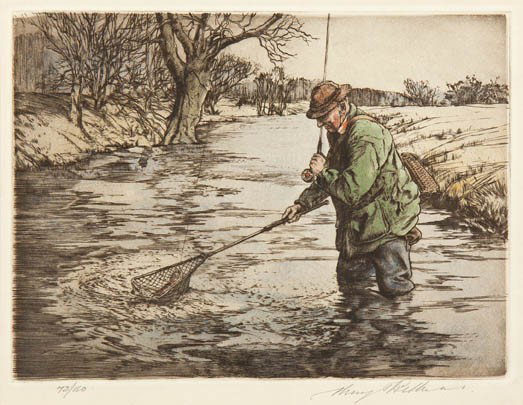 Henry Wilkinson, (British), Fishing: Henry Wilkinson (British) Fishing handcolored drypoint edition 78/150, signed Henry Wilkinson (lower right) 5 3/4 x 7 3/4 inches. Provenance: Vixseboxse Art Galleries, Clevelan