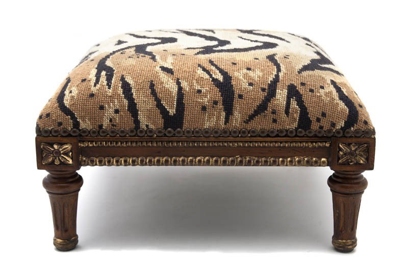 A Louis XVI Style Tabouret, Width 16 inches.: A Louis XVI Style Tabouret, having a rectangular needlepoint upholstered top over the rosette carved frieze, raised on tapering fluted legs. Width 16 inches.