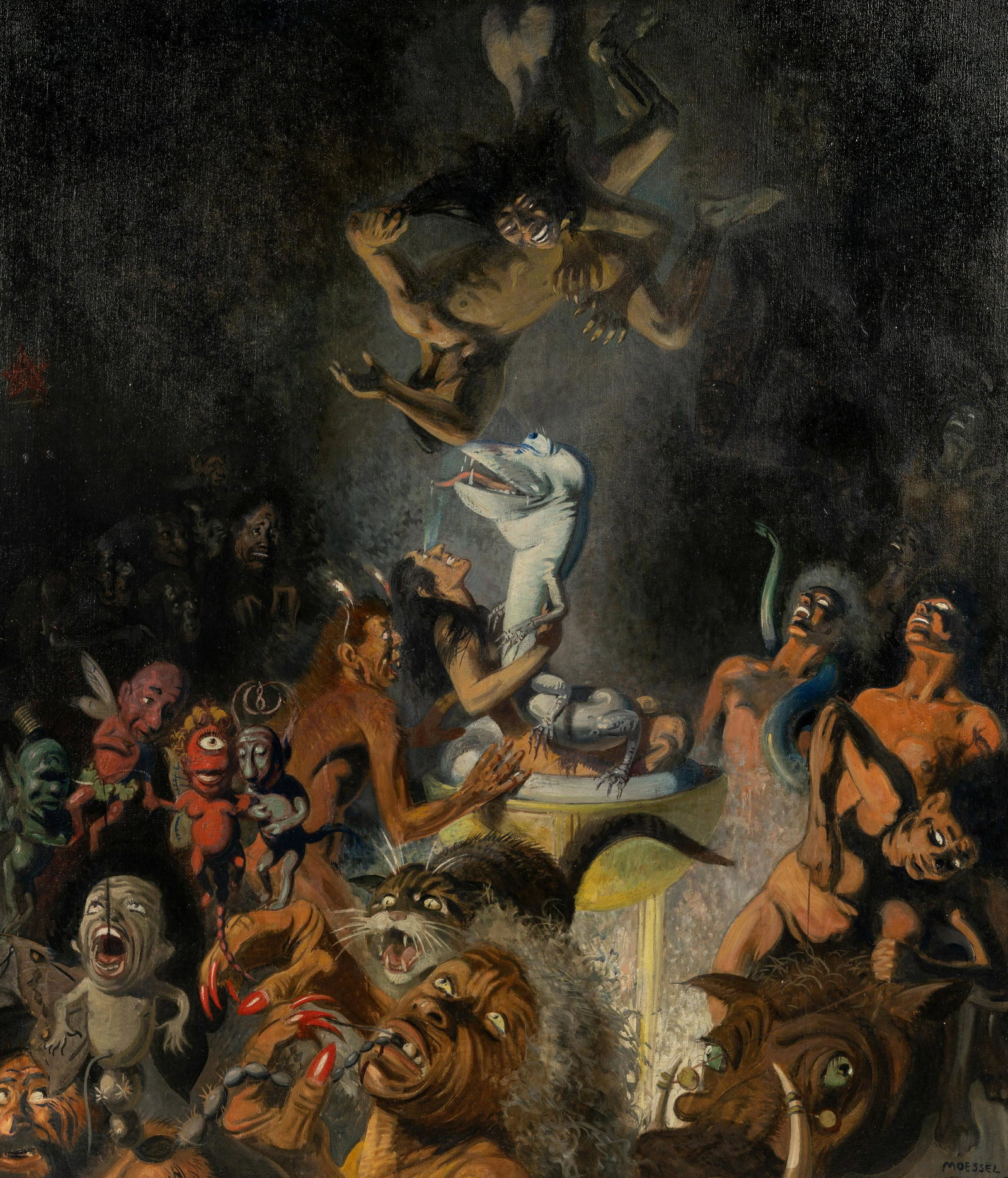 Julius Moessel (American, 1872€“1960) Festival in Hell, 3rd Part, 1943: Julius Moessel (American, 1872-1960) Festival in Hell, 3rd Part, 1943 oil on canvas signed Moessel and dated (lower right); signed, titled, and inscribed (verso) 40 1/2 x 35 1/4 inches. Exhibited:Chic