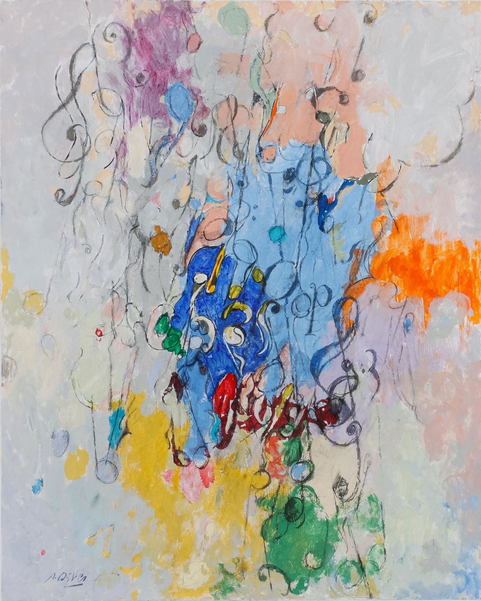 Arthur Osver (American, 1912-2016) Scherzo, 1989: Arthur Osver (American, 1912-2016) Scherzo, 1989 mixed media on board signed A. Osver (lower left); signed, titled and dated (verso) 40 x 32 inches. Property from a Prominent Missouri Collection Note