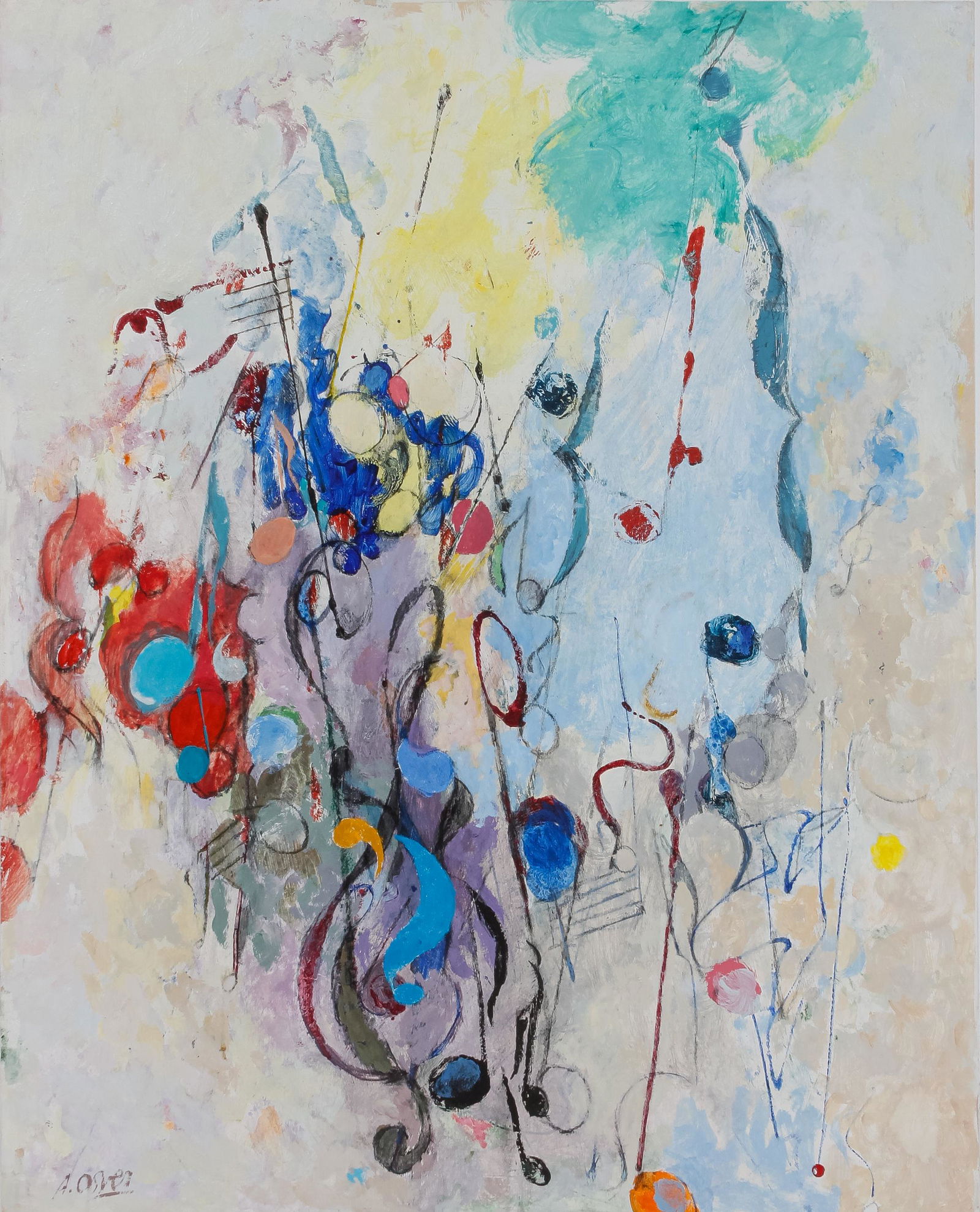 Arthur Osver (American, 1912-2016) Allegro, 1989: Arthur Osver (American, 1912-2016) Allegro, 1989 mixed media on board signed A. Osver (lower left); signed, titled and dated (verso) 40 x 32 inches. Property from a Prominent Missouri Collection Note