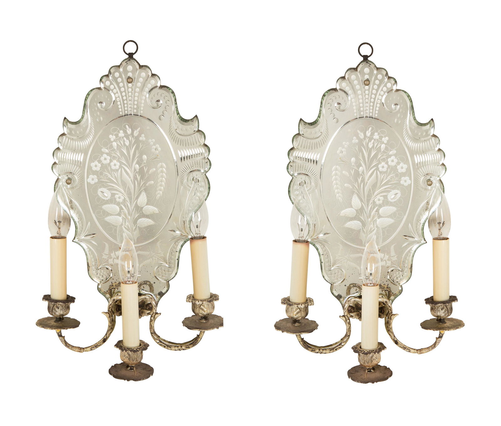 A Pair of Venetian Etched Glass and Silvered Metal Three Light Sconces (1 of 3)