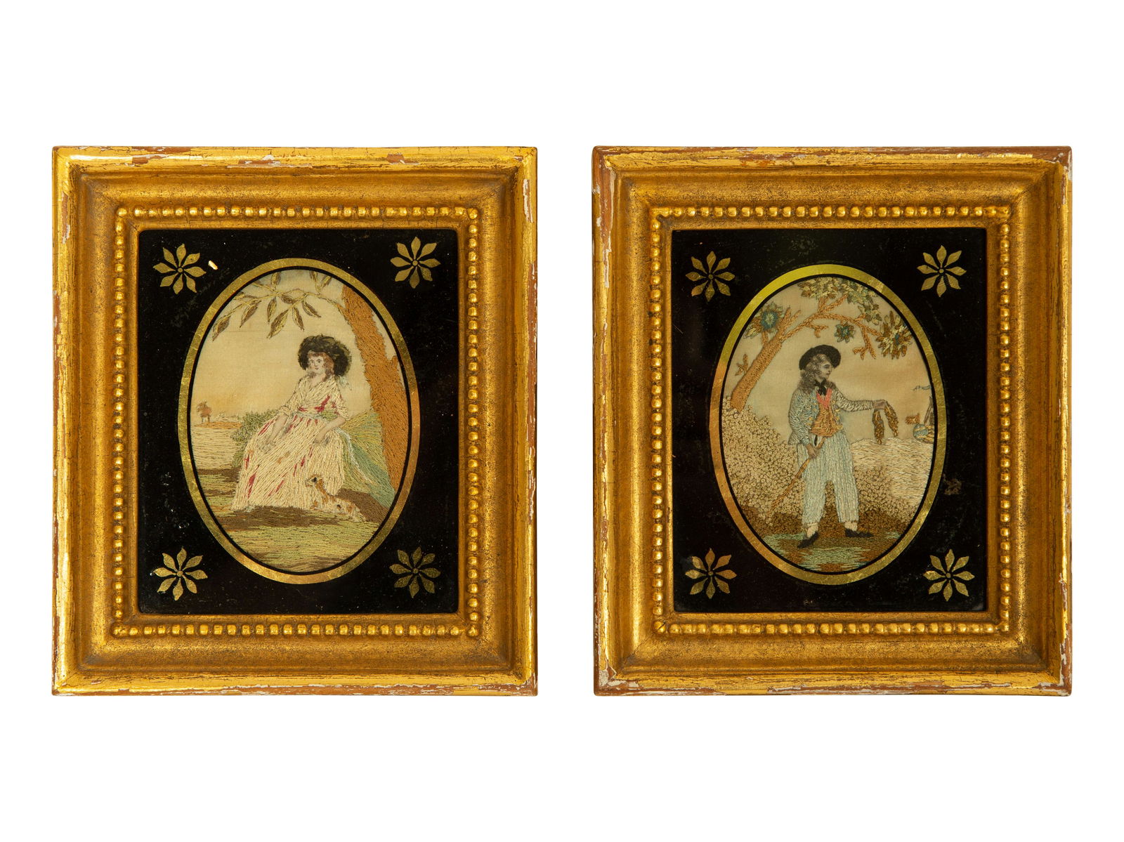 Two English Embroideries in Eglogmise and Giltwood Frames (1 of 4)