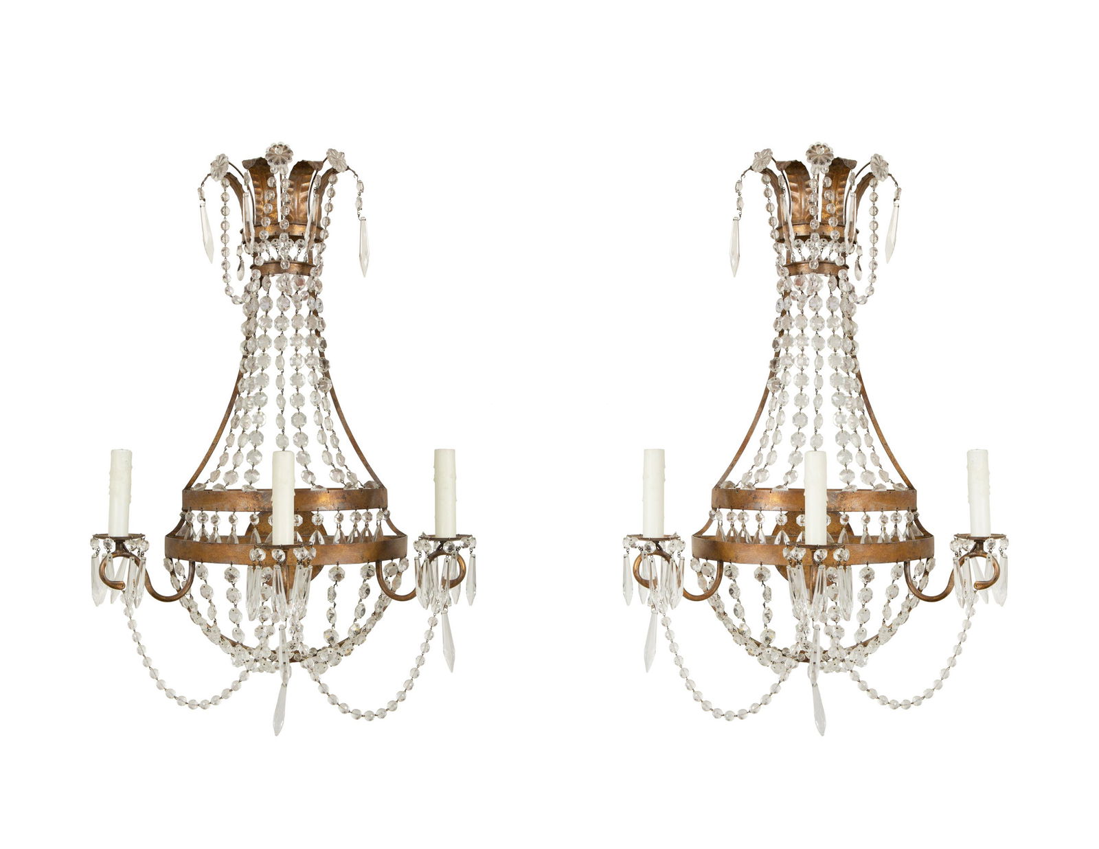 A Pair of Neoclassical Gilt Metal Three-Light Sconces Hung with Cut Glass Beaded Swags (1 of 3)