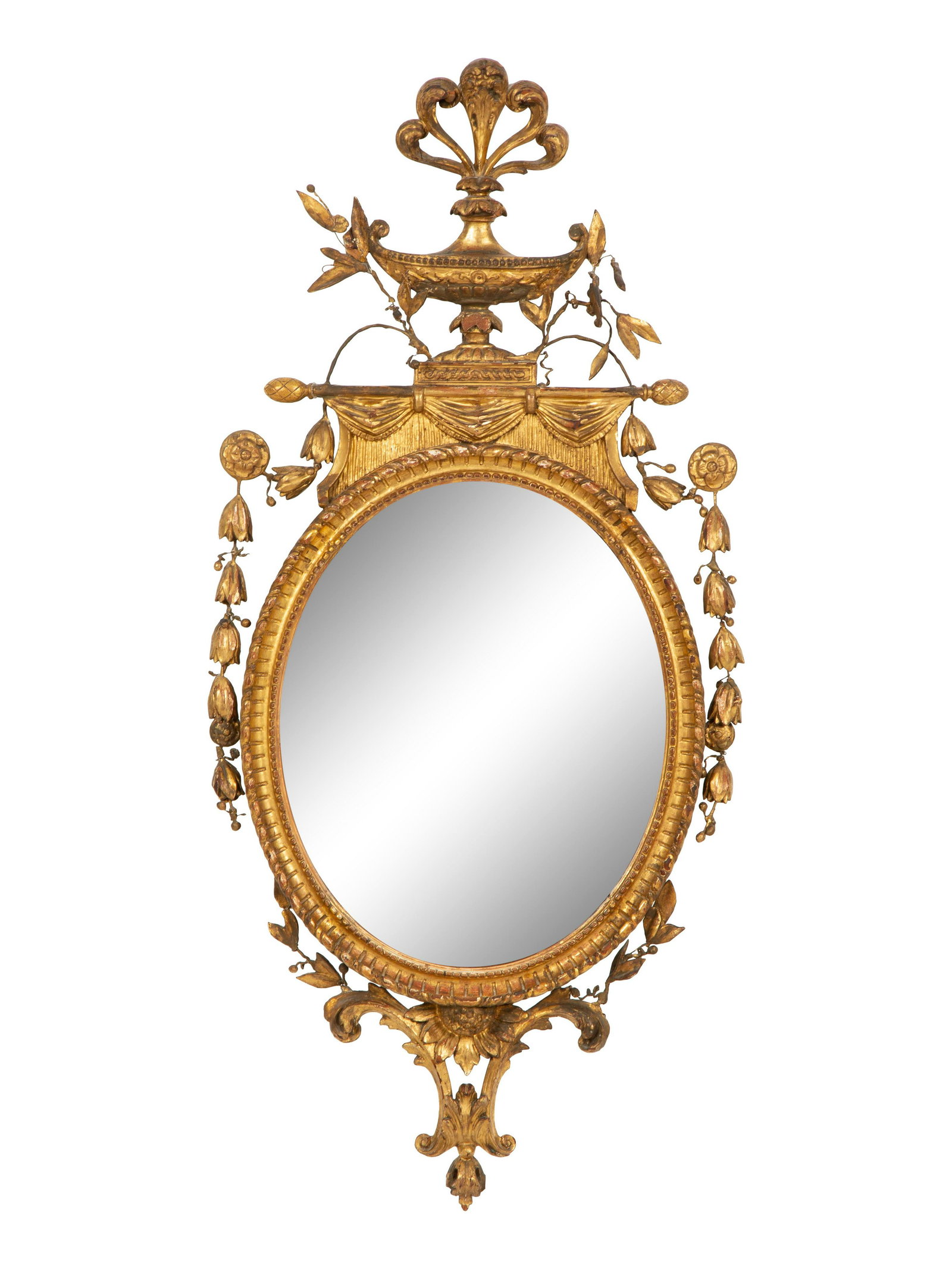 A Neoclassical Style Giltwood Oval Mirror: A Neoclassical Style Giltwood Oval Mirror 19th Century Height 42 x width 20 inches.