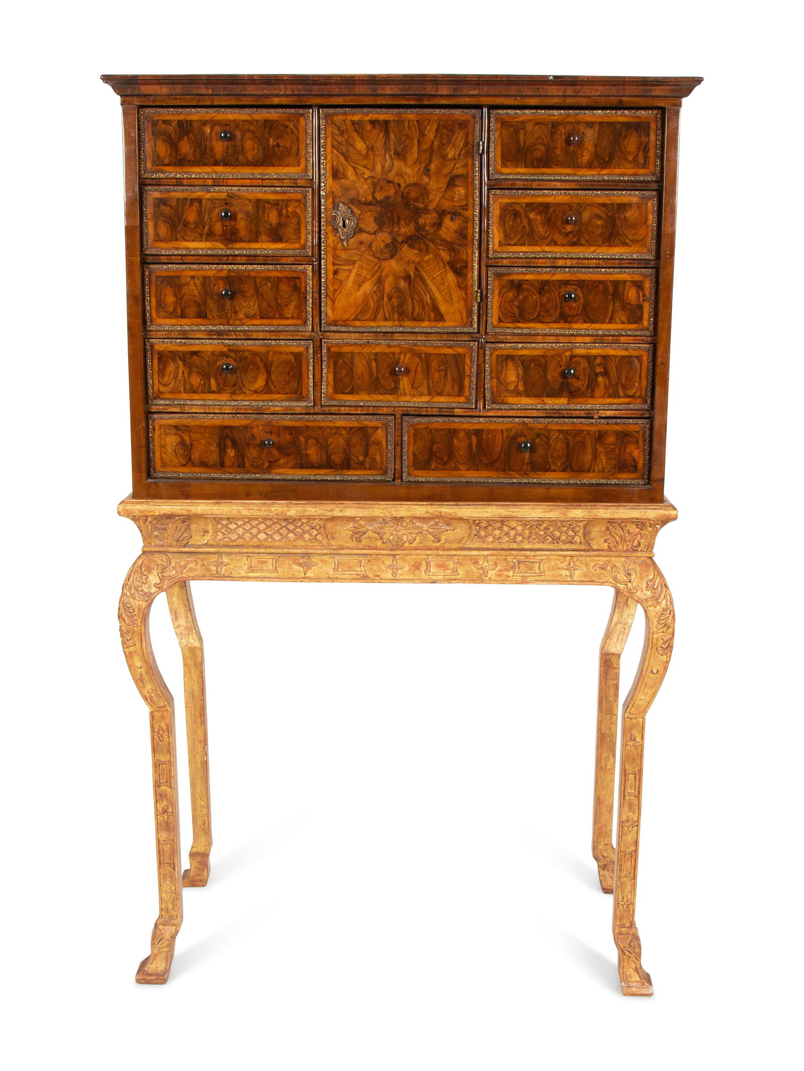 A William & Mary Style Cross-Banded Burlwood Cabinet on a Giltwood Stand (1 of 5)