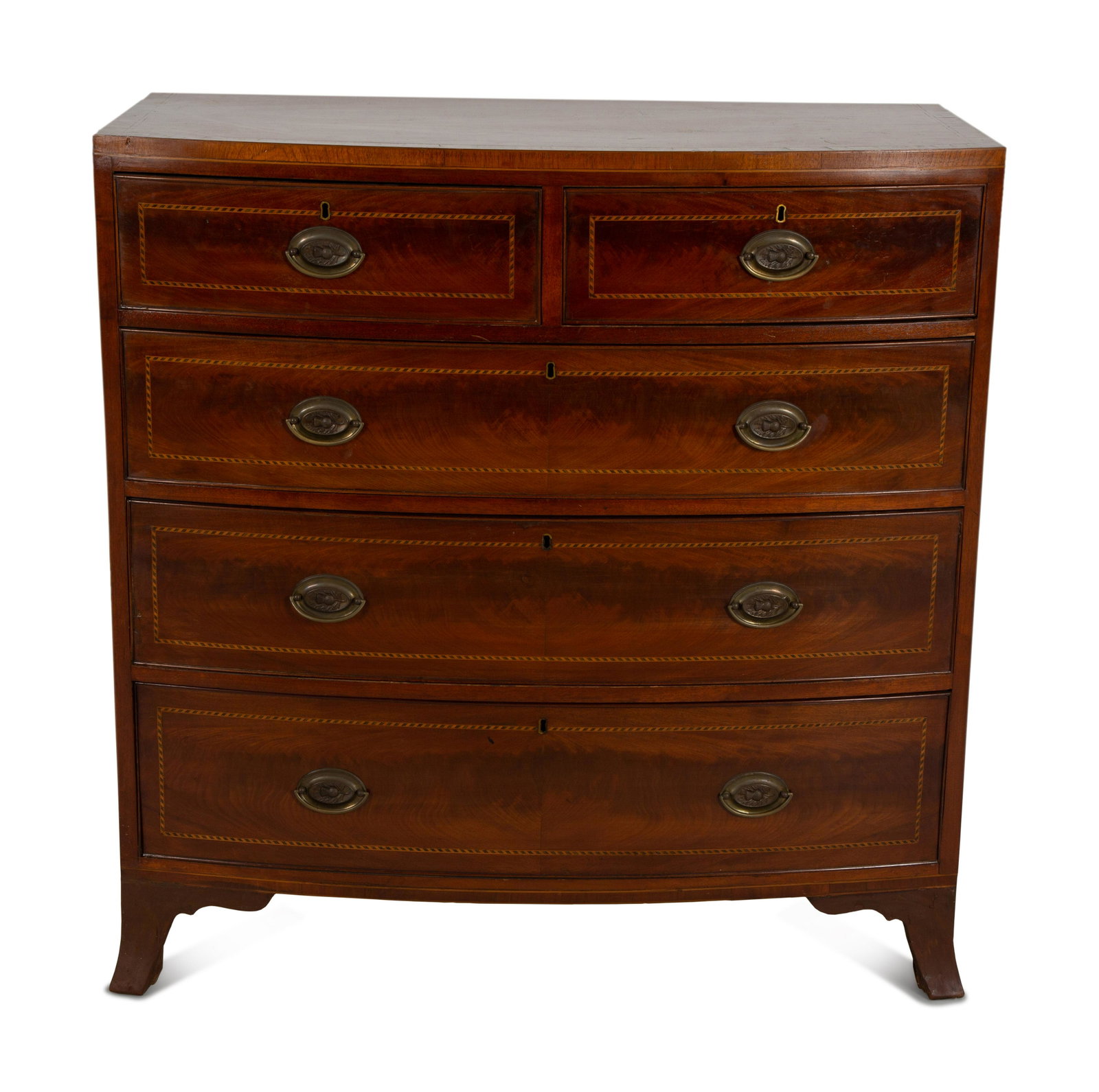 A George III Inlaid Mahogany Bowfront Chest of Drawers: A George III Inlaid Mahogany Bowfront Chest of Drawers 19th Century Height 42 x width 41 x depth 18 inches.
