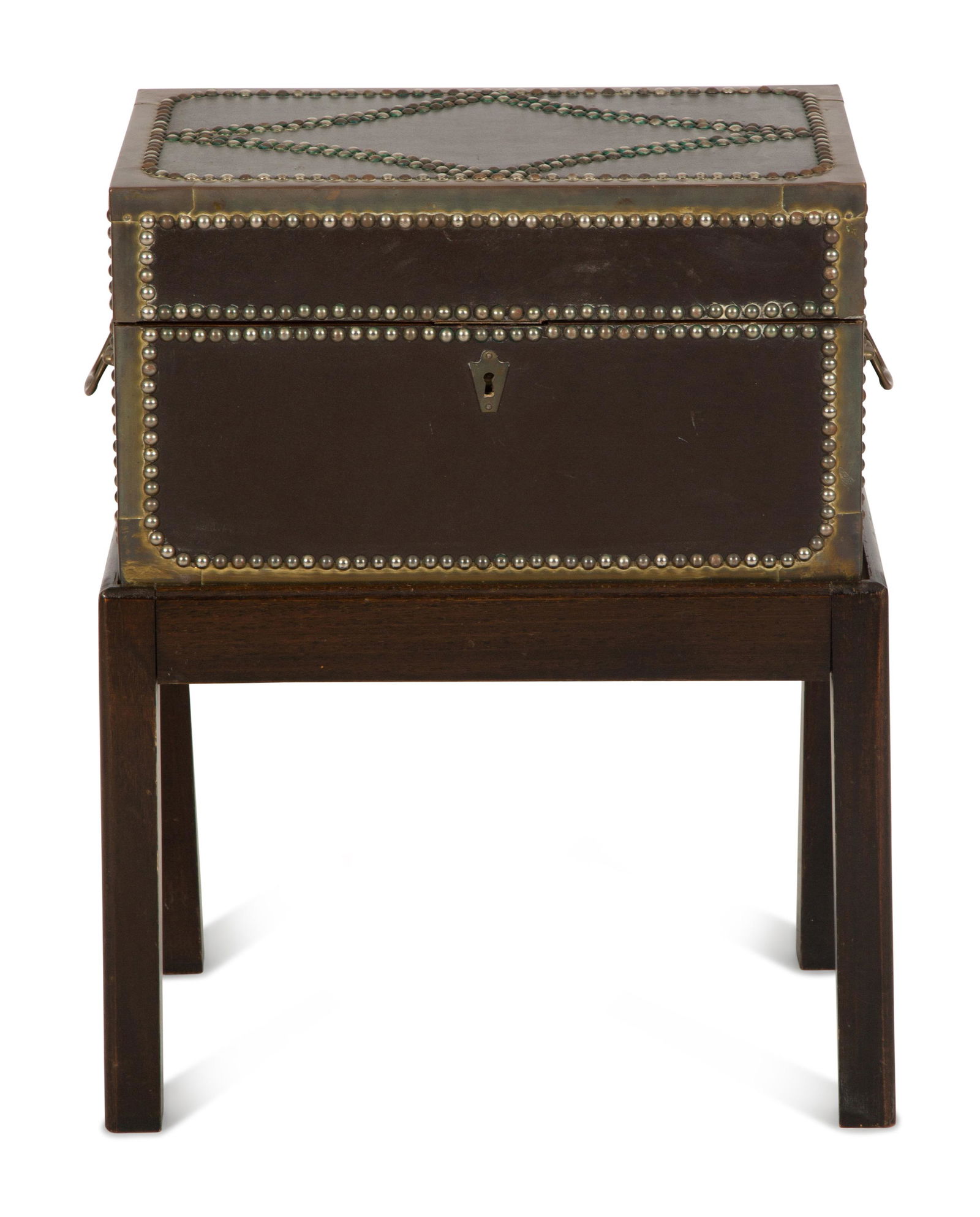 An English Brass Bound Leather Box with Brass Nailhead Trim on a Fitted Mahogany Stand (1 of 4)