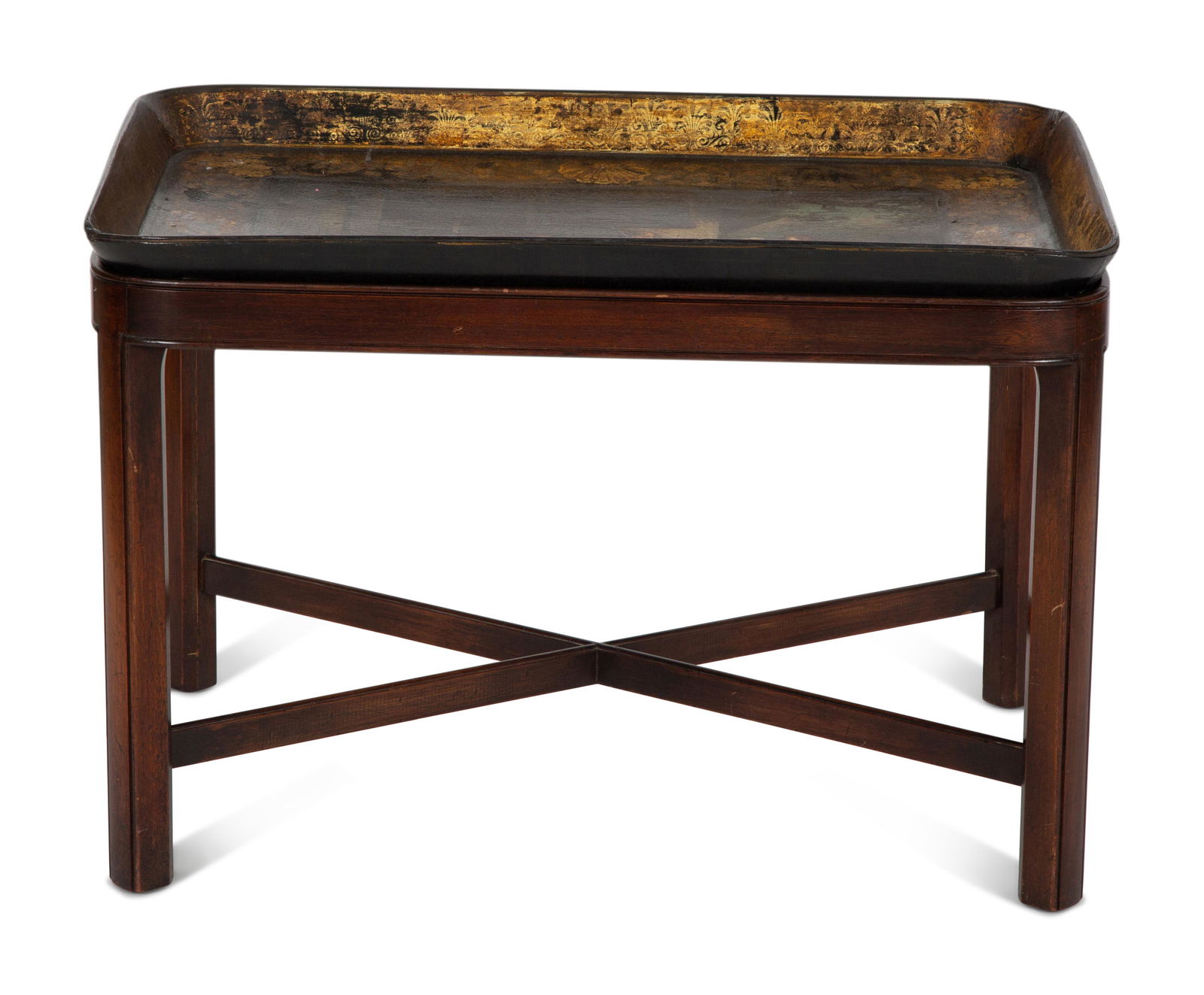 An English Lacquered Papier-MÃ¢che Tray in Fitted Mahogany Stand (1 of 5)