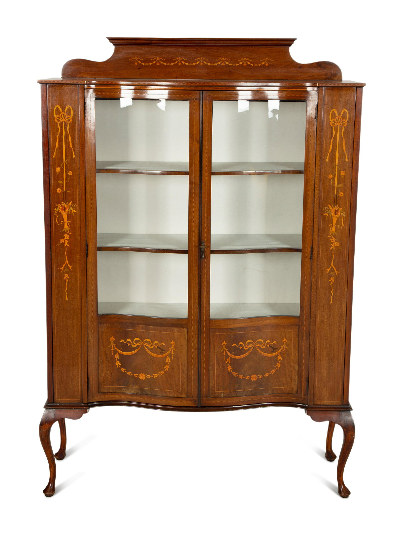 An Edwardian Mahogany and Marquetry Vitrine Cabinet: An Edwardian Mahogany and Marquetry Vitrine Cabinet 20th Century Height 72 x width 47 x depth 14 inches.