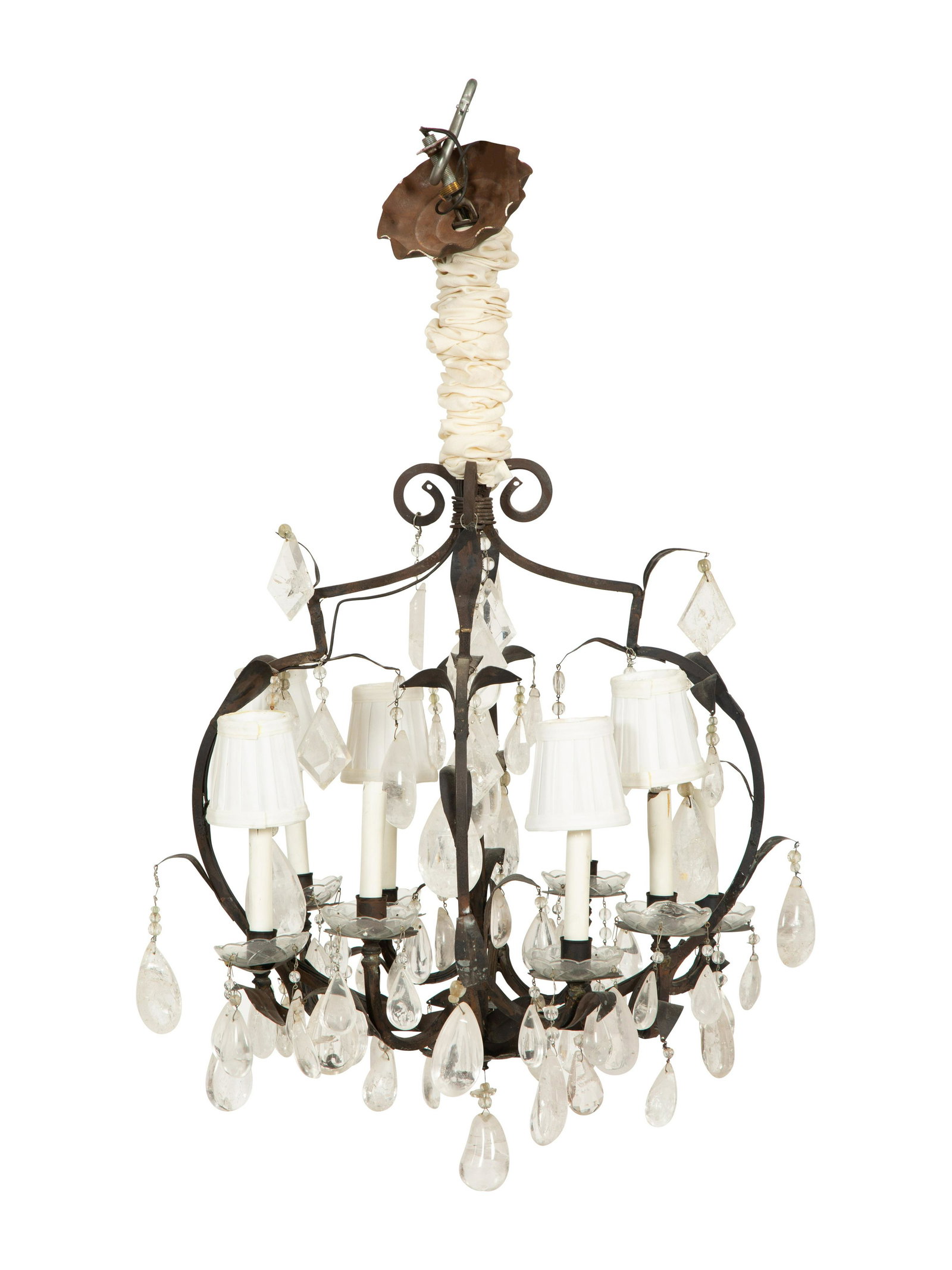A Wrought Iron and Rock Crystal Eight-Light Chandelier: A Wrought Iron and Rock Crystal Eight-Light Chandelier 20th Century Height to ceiling cap 35 inches. Property from the Estate of Mr. Alfred A. Funai