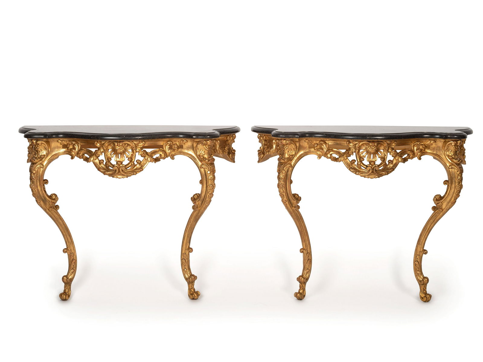 A Pair of Rococo Style Giltwood Marble Top Console Tables (1 of 4)
