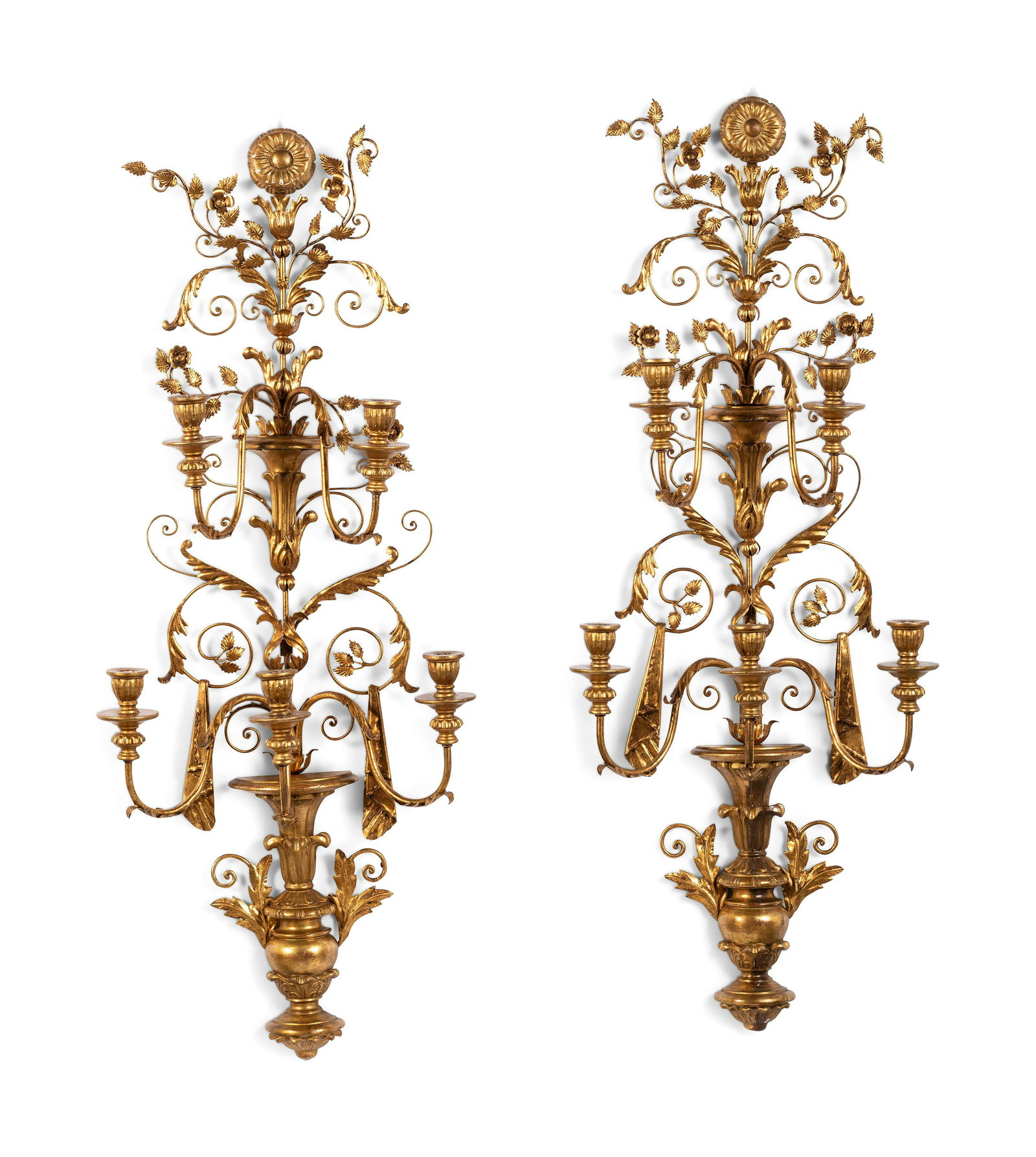 A Pair of Rococo Style Five Light Giltwood and Gilt Metal Wall Sconces (1 of 3)