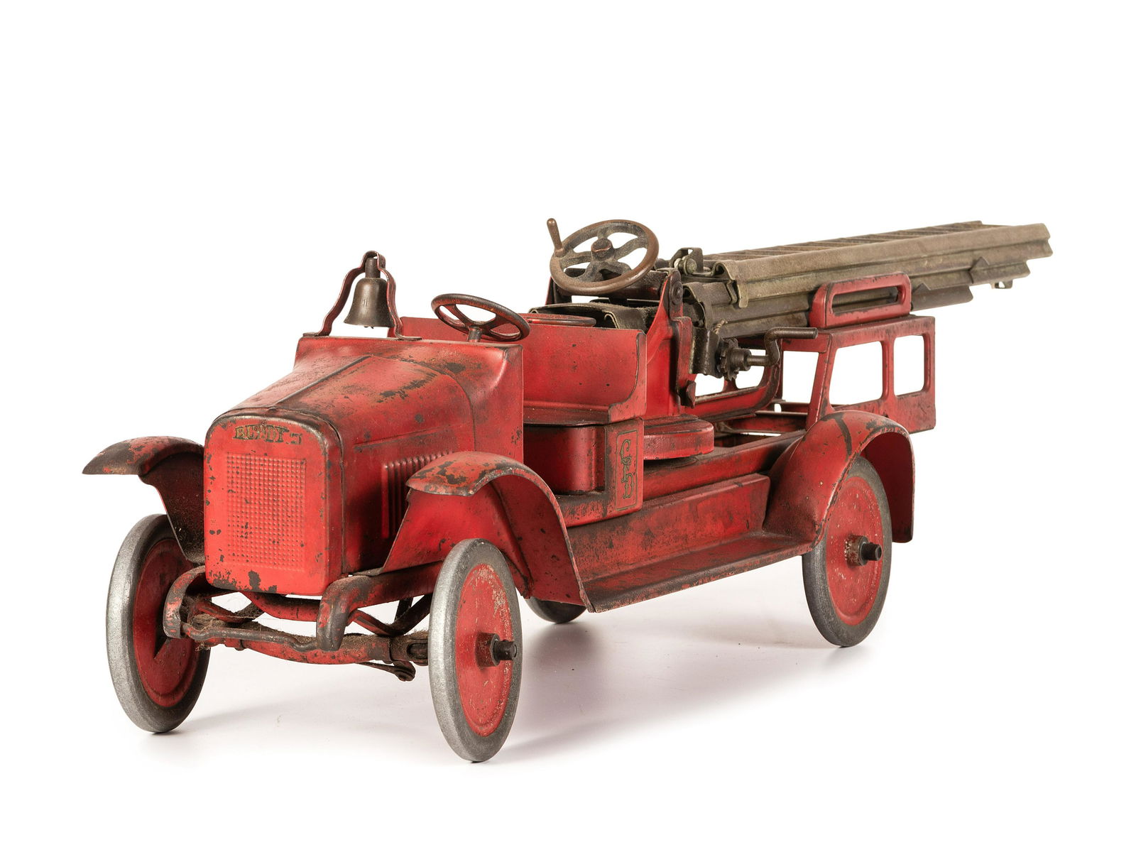 A Buddy L Aerial Pressed Steel Ladder Truck: A Buddy L Aerial Pressed Steel Ladder Truck East Moline, Illinois, Mid 20th Century Length 40 inches.