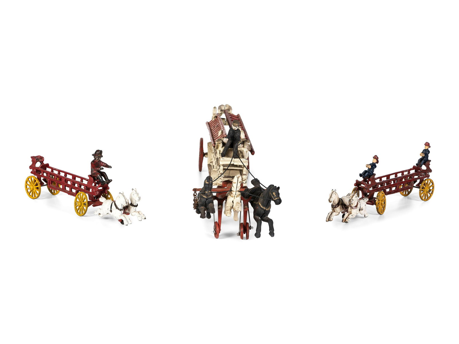 Three Painted Cast Iron Toy Horse Drawn Fire Wagons (1 of 7)