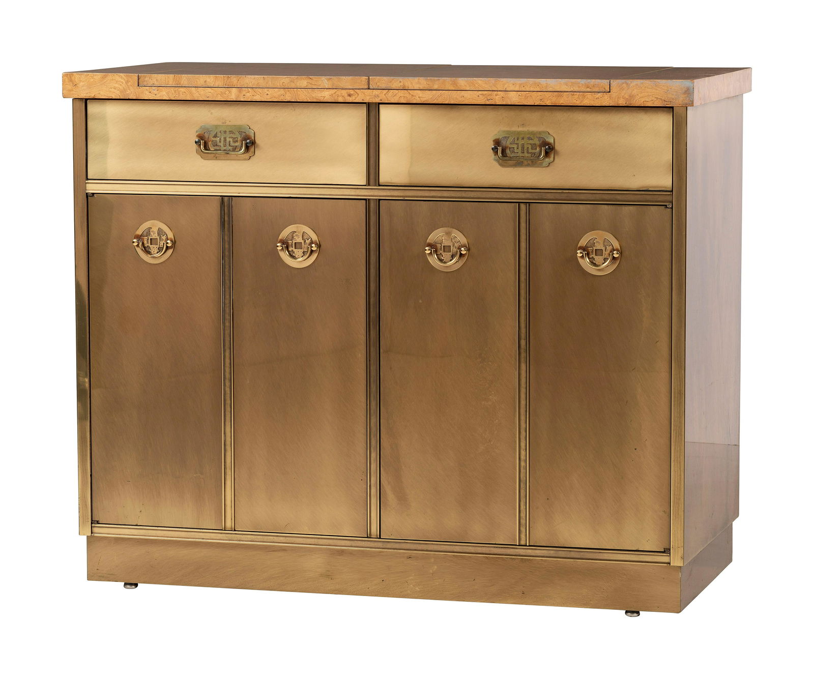 A Mastercraft Brass and Burlwood Bar Cabinet: A Mastercraft Brass and Burlwood Bar Cabinet 20th Century with label to back. Height 33 1/4 x width 40 1/4 x depth 19 inches. Property from the Collection of the Legendary Dealer Norm Flayderman
