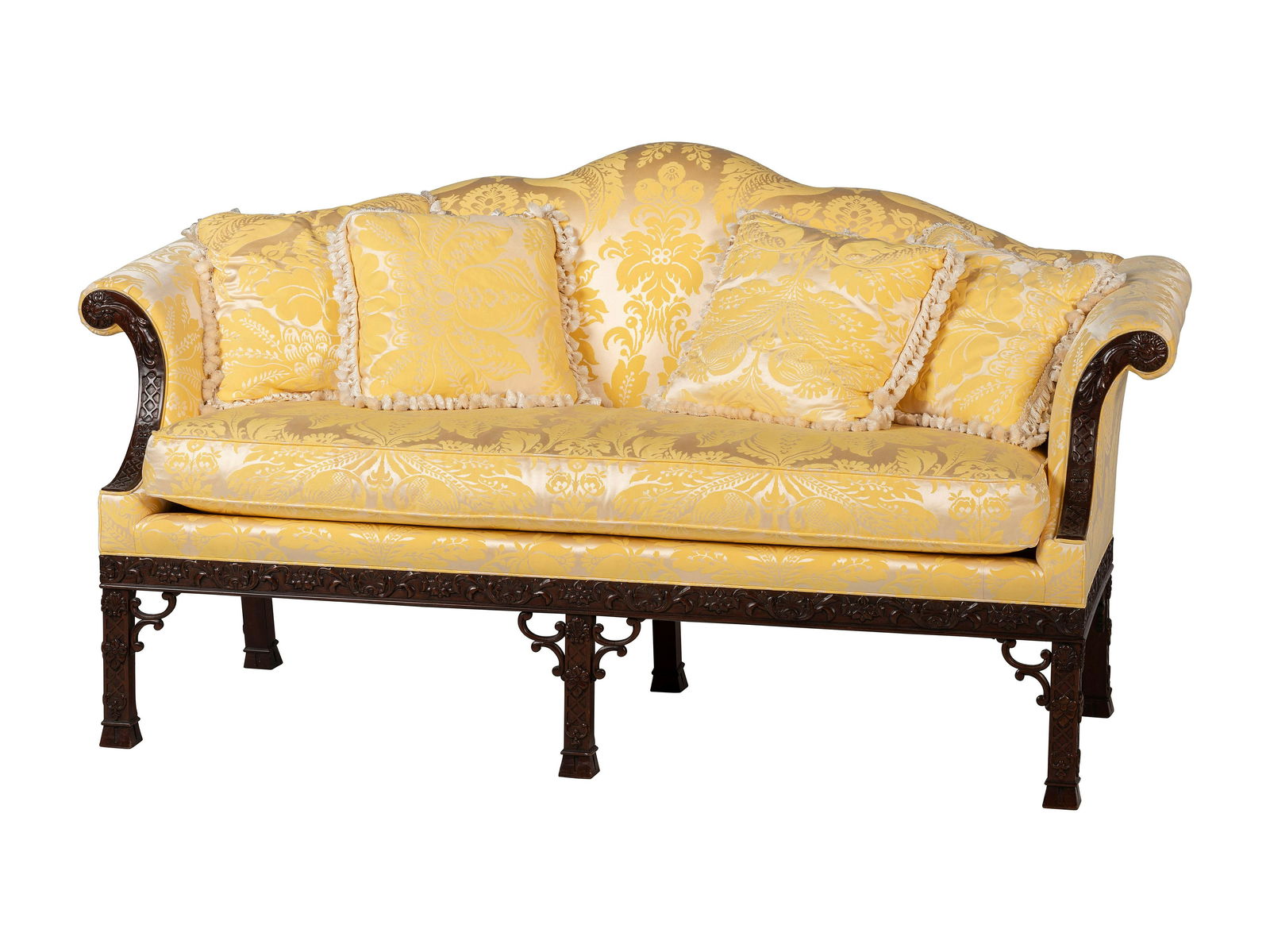 A Baker Chinese Chippendale Style Yellow Damask Upholstered Mahogany Settee (1 of 4)