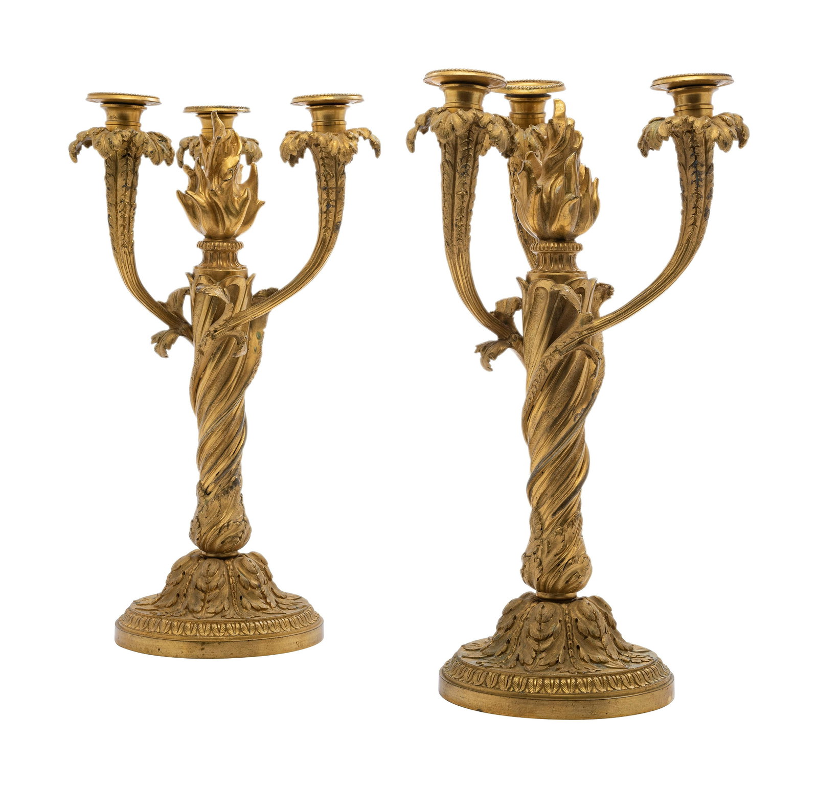 A Pair of French Gilt Bronze Candelabra: A Pair of French Gilt Bronze Candelabra 19th Century Height of each 16 1/2 inches.