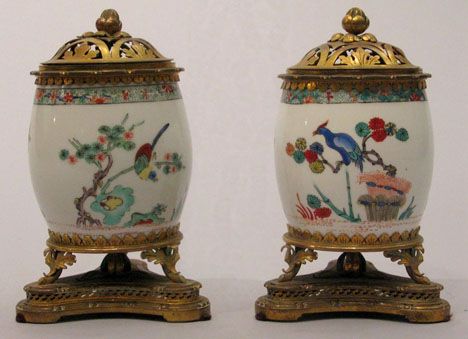 Pair of Chantilly mounted porcelain brule parfum