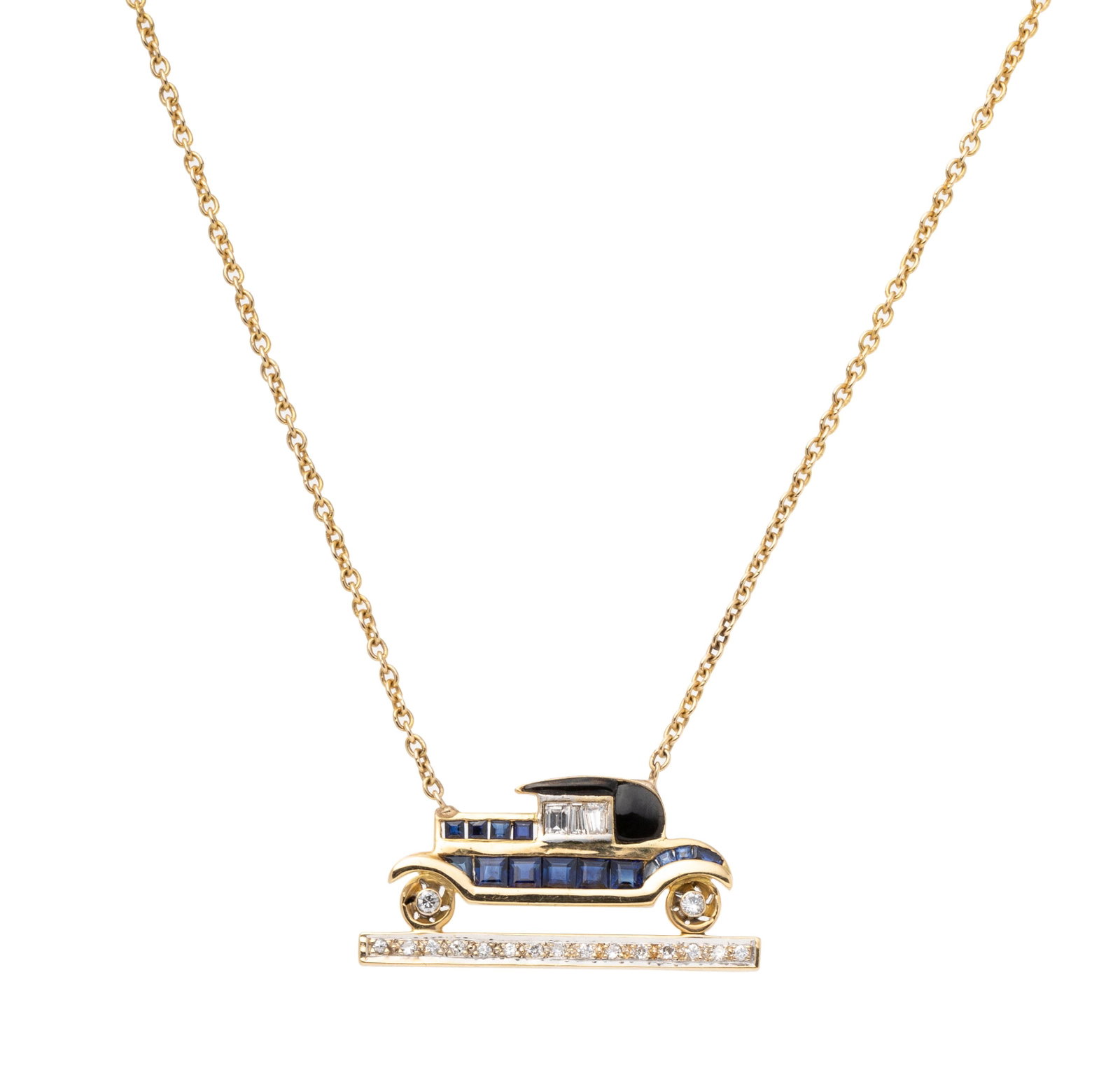YELLOW GOLD, SAPPHIRE AND DIAMOND CAR NECKLACE: YELLOW GOLD, SAPPHIRE AND DIAMOND CAR NECKLACE Containing 14 step cut sapphires, three baguette and 17 round brilliant cut diamonds weighing approximately 0.35 carat total and black hardstone detail, 