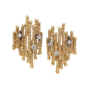 ANDREW GRIMA, YELLOW GOLD AND DIAMOND EARCLIPS: ANDREW GRIMA, YELLOW GOLD AND DIAMOND EARCLIPS Containing six round brilliant and single cut diamonds weighing approximately 0.15 carat total, posts with clip backs. 1 1/8 inches long.Stamp: GRIMA 14K